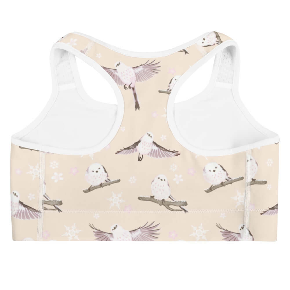 Snow Bird Sports bra features a cute bird pattern, perfect for stylish workouts while staying dry and comfortable.