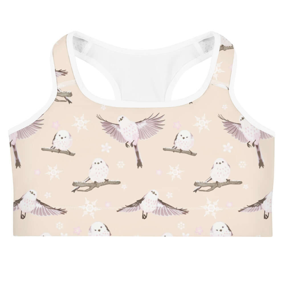 Snow Bird Sports bra featuring adorable bird patterns, perfect for stylish workouts and moisture-wicking comfort.