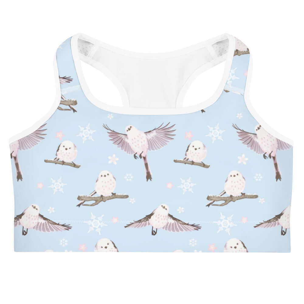 Stylish Snow Bird Sports bra featuring a cute bird print, perfect for a trendy workout at your favorite gym.