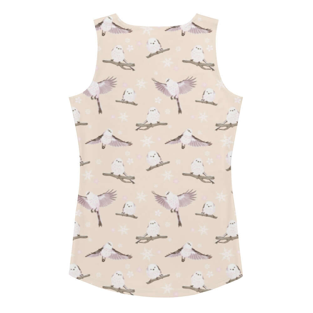 Cute Snow Bird Tank Top featuring playful bird patterns, perfect for a cozy holiday vibe. Order one size down!