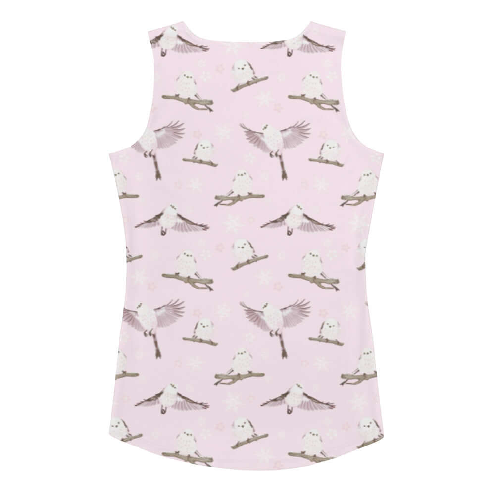 Snow Bird Tank Top features a charming bird pattern on a soft pink background, perfect for a cozy holiday vibe.