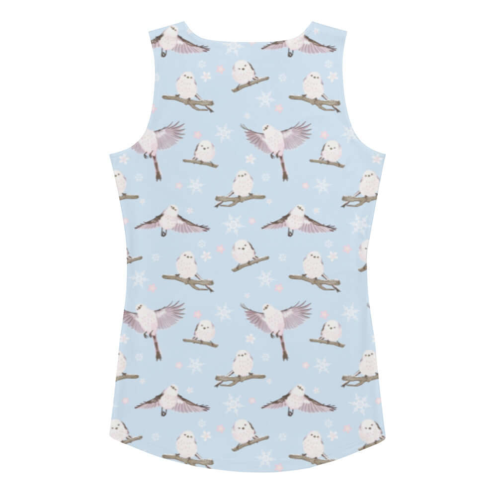 Cute Snow Bird Tank Top with whimsical bird print, perfect for a cozy holiday vibe. Order one size down for a fitted look!