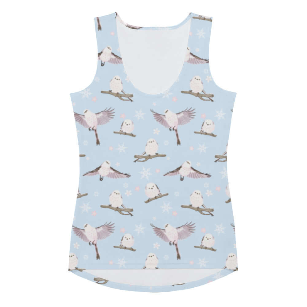 Cozy and cute, the Snow Bird Tank Top features adorable birds on a light blue background, perfect for holiday cheer!