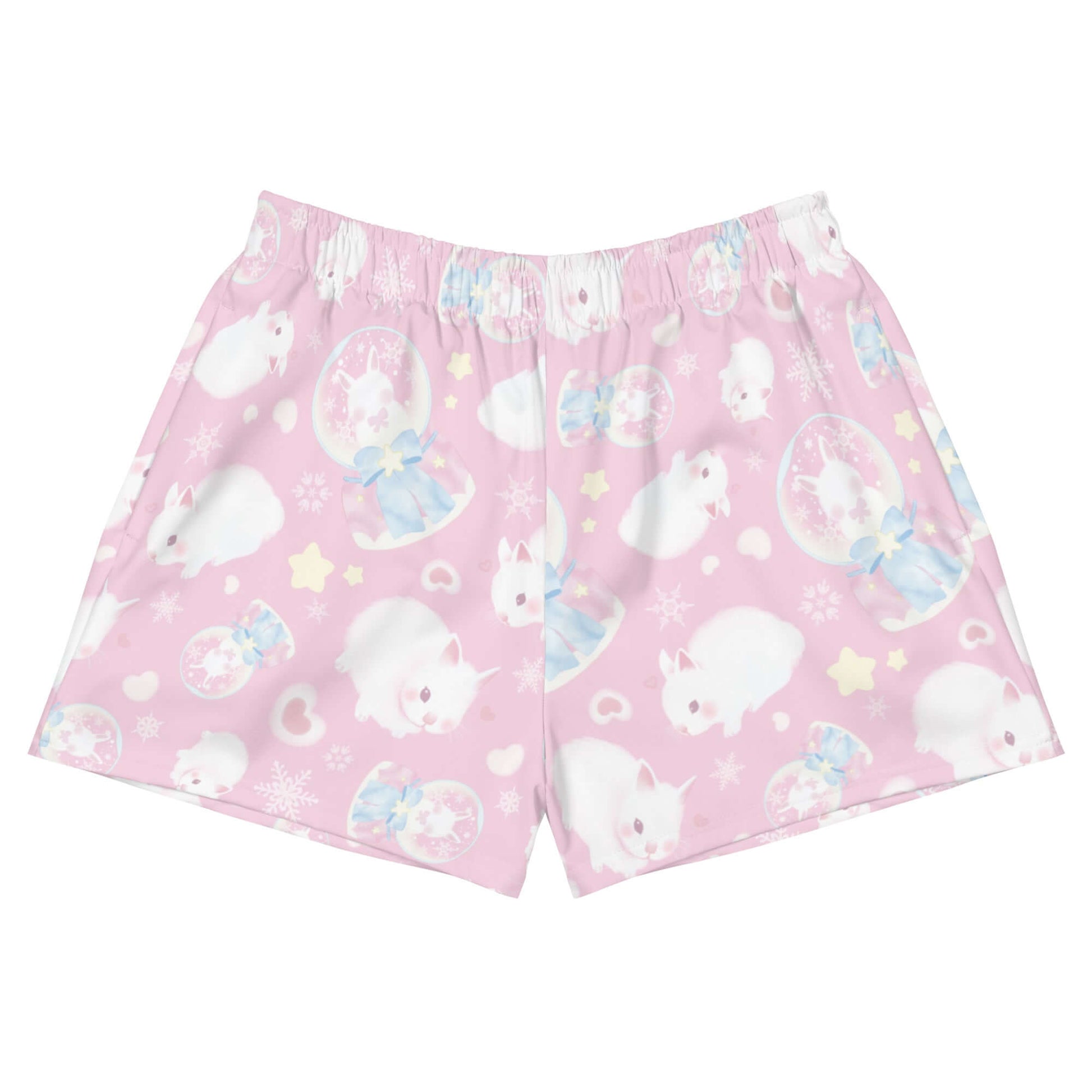 Cute and comfy Snow Bunny Athletic Short Shorts feature a fun bunny print and handy pockets for any activity.