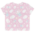 Stylish Snow Bunny Crop Top featuring cute bunnies on a pink background, perfect for a feminine look.
