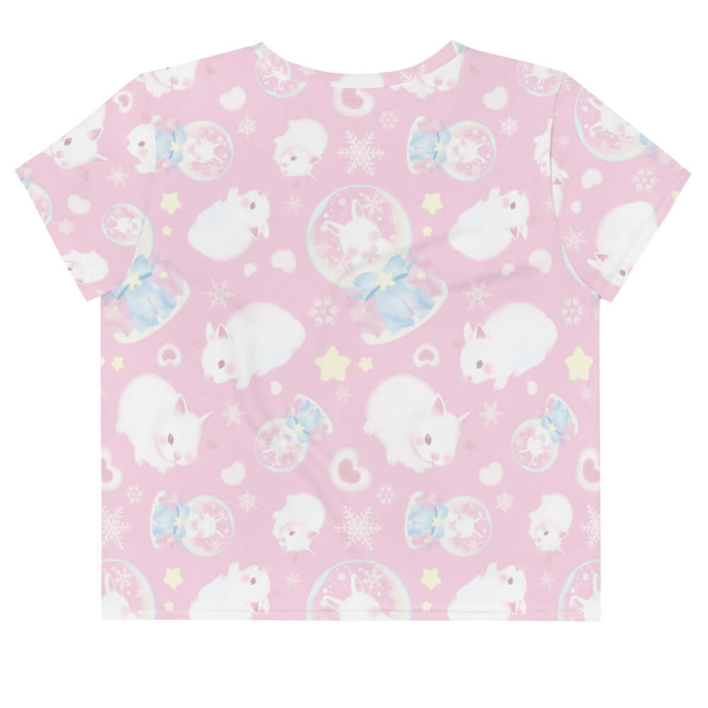 Stylish Snow Bunny Crop Top featuring cute bunnies on a pink background, perfect for a feminine look.