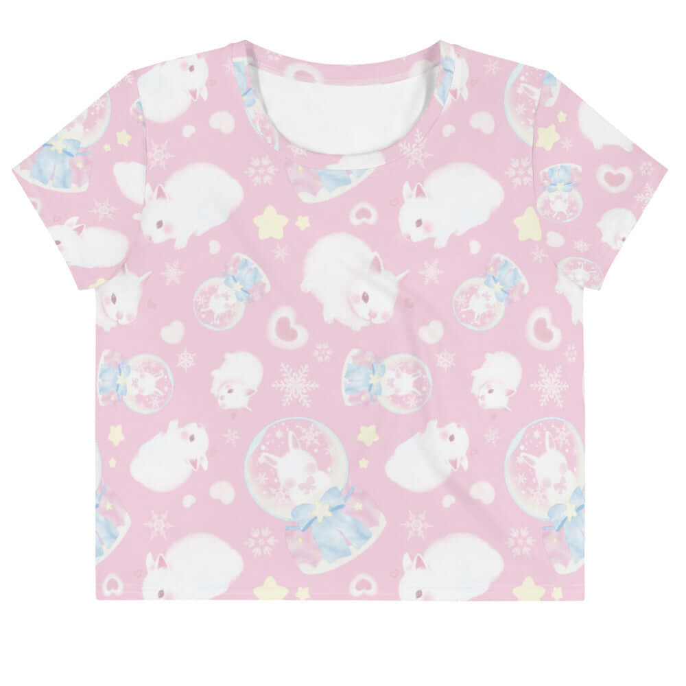 Sweet and feminine, the Snow Bunny Crop Top features playful bunny patterns in soft pink, perfect for any casual outing.