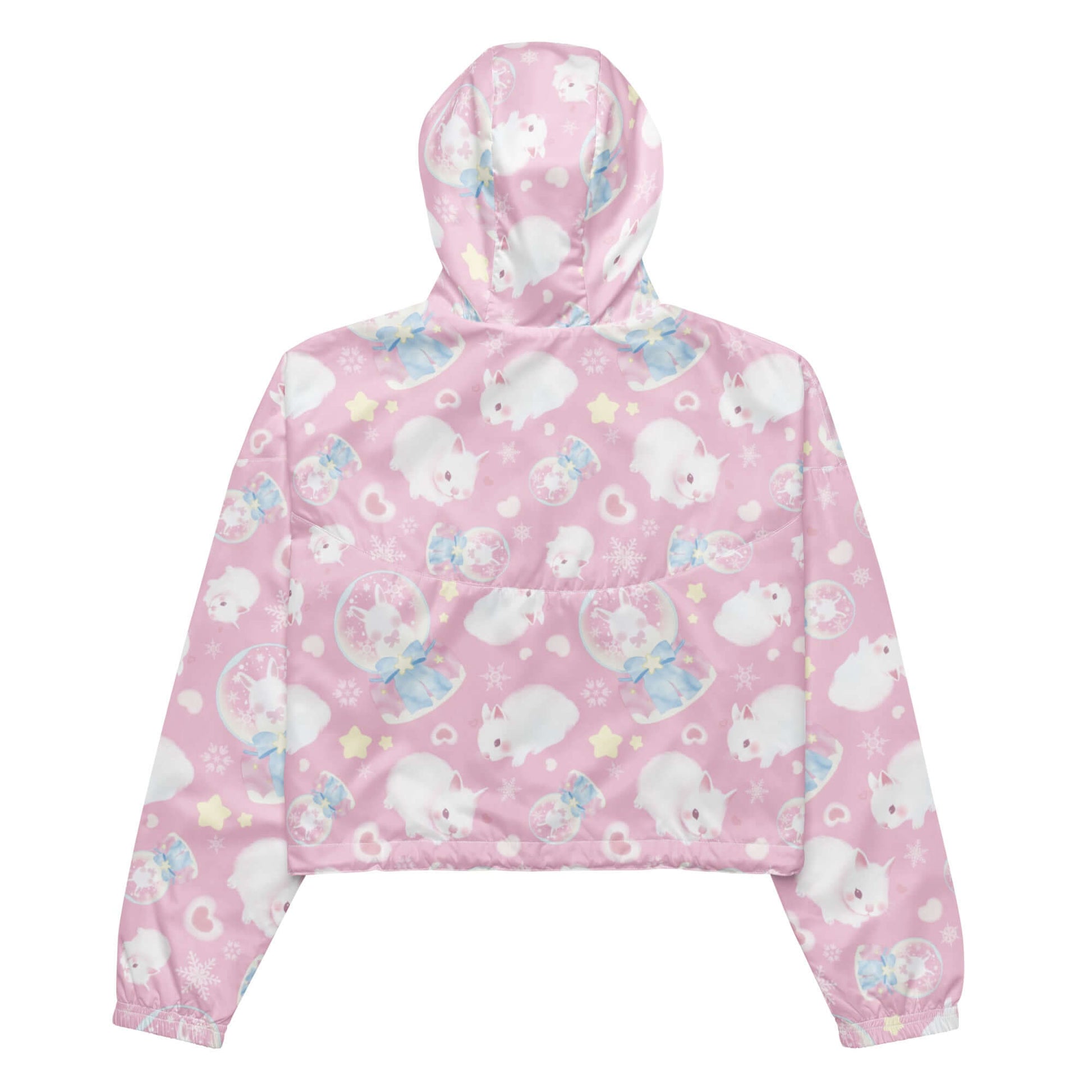 Stylish Snow Bunny cropped windbreaker in pink with a playful bunny print, perfect for rainy adventures.