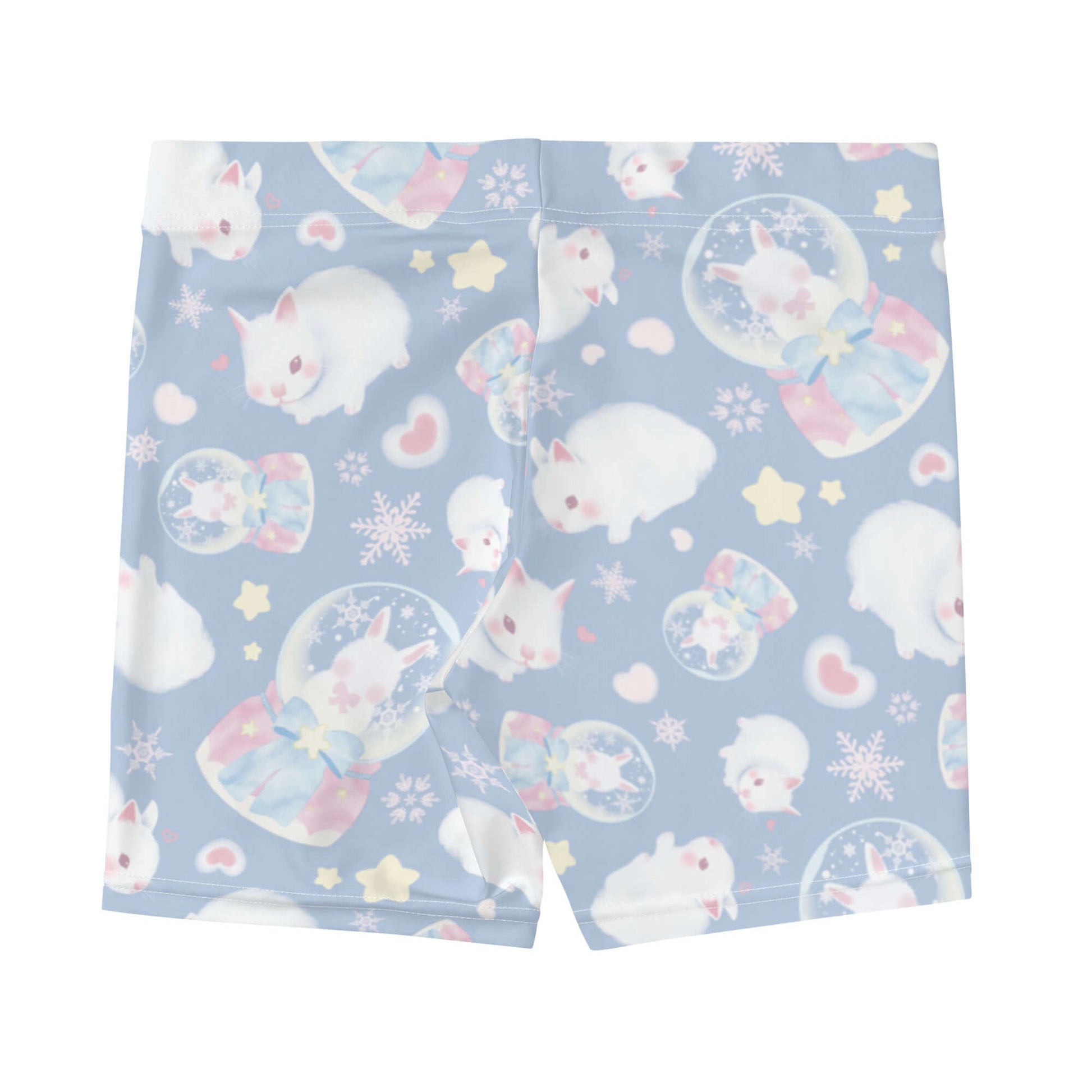 Fluffy and fun, the Snow Bunny Shorts feature adorable bunnies on a light blue background, perfect for active kawaii style.