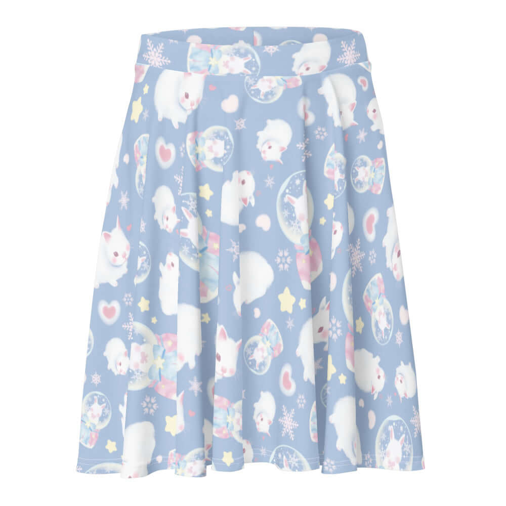 Snow Bunny Skater Skirt features a playful bunny print perfect for pastel outfits and flattering on any body type.