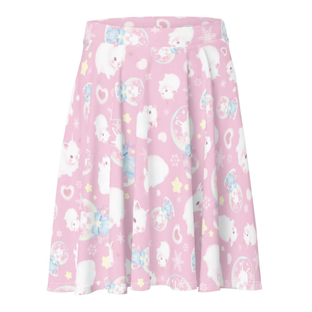 Adorable Snow Bunny Skater Skirt features playful bunnies on a pastel pink background, perfect for any outfit.