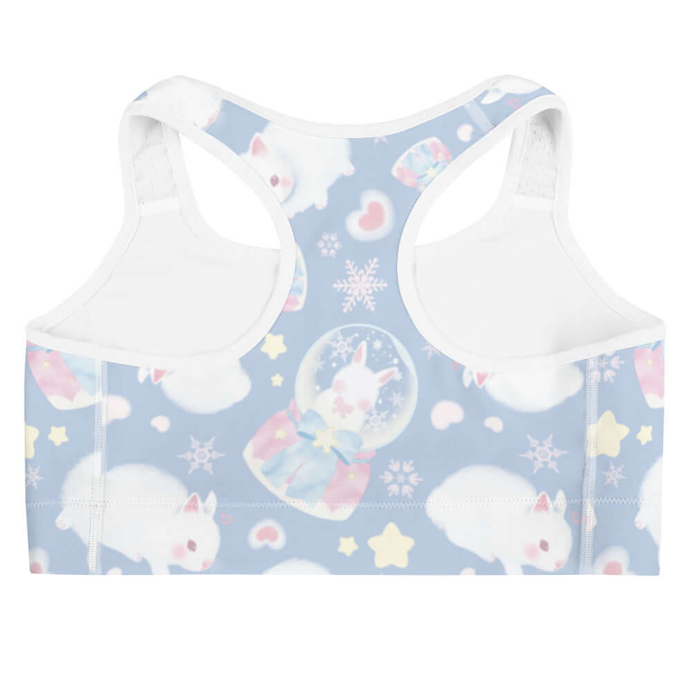 Snow Bunny Sports bra features a playful bunny print, perfect for adding fun to your workouts while staying stylish.