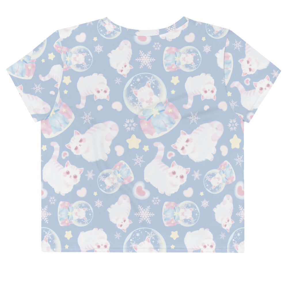 Snow Kitten Crop Top featuring a playful cat pattern, perfect for casual outings or workouts. Sweet and feminine style!
