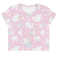 Sweet and feminine Snow Kitten Crop Top features a playful pastel design, perfect for casual outings or workouts.