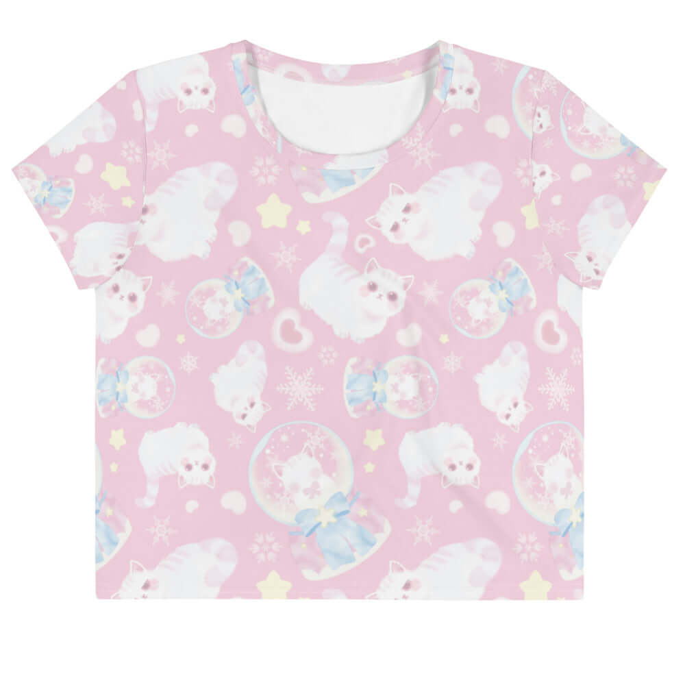 Sweet and feminine Snow Kitten Crop Top features a playful pastel design, perfect for casual outings or workouts.
