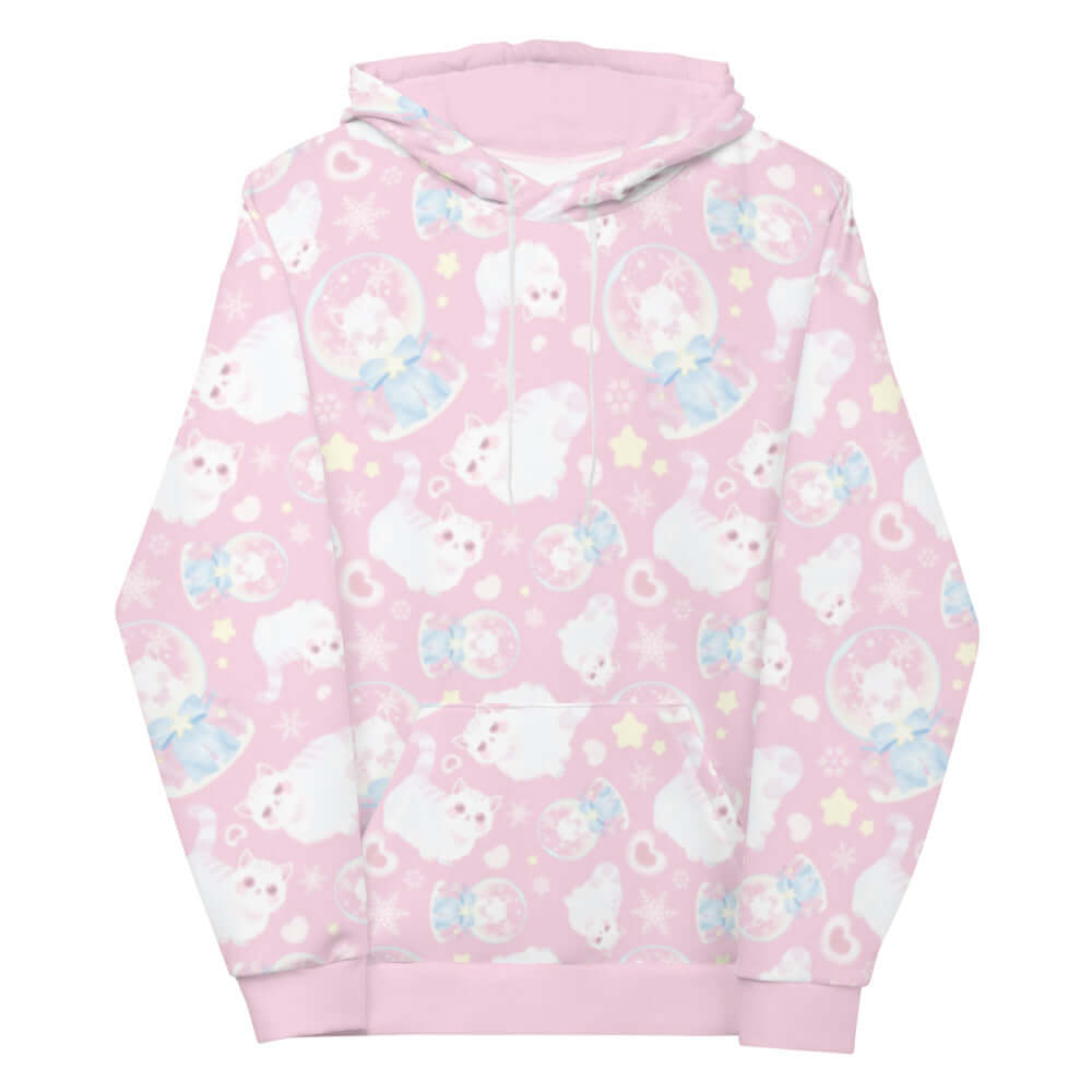 Cozy and stylish, the Snow Kitten Hoodie features adorable kittens on a pastel pink background, perfect for any outfit.