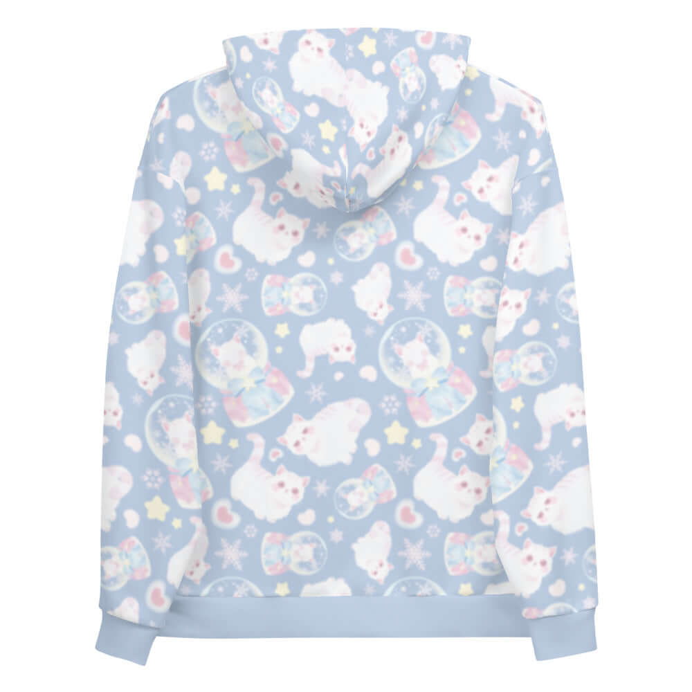 Cozy Snow Kitten Hoodie featuring playful kittens on a pastel blue background, perfect for any casual outfit.