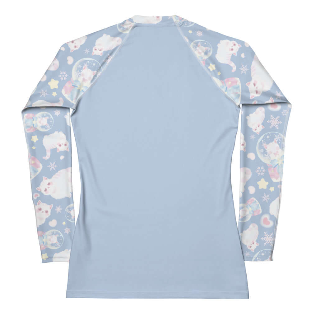 Long-sleeve Snow Kitten Rash Guard in soft blue, perfect for active wear with sun protection and a comfortable fit.
