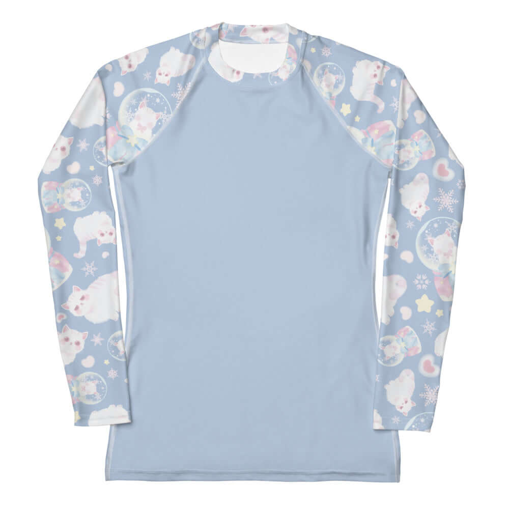 Snow Kitten Rash Guard features a cute cat design, perfect for active days with sun and wind protection.