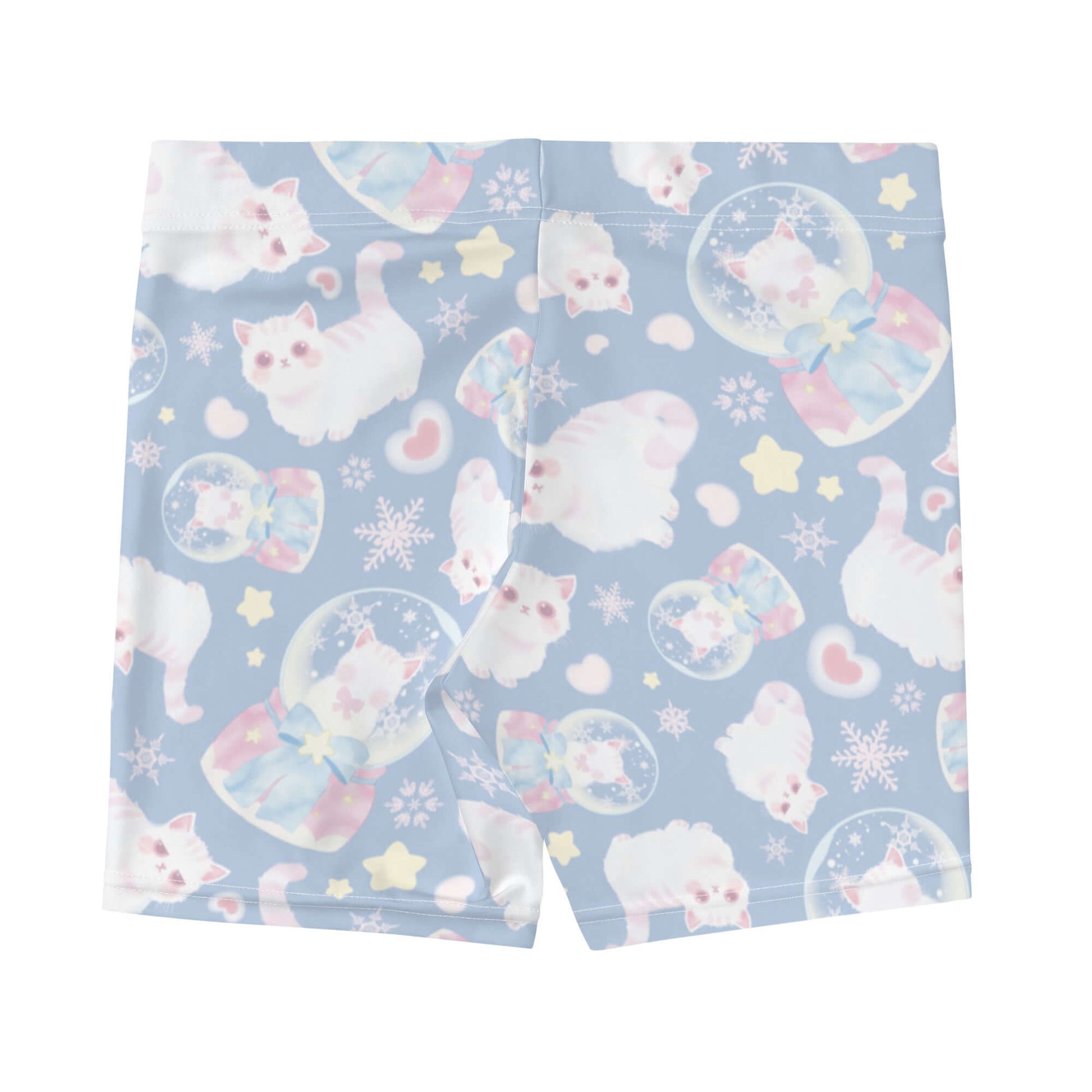 Snow Kitten Shorts featuring cute fluffy kittens on a soft blue background, perfect for a kawaii workout look.