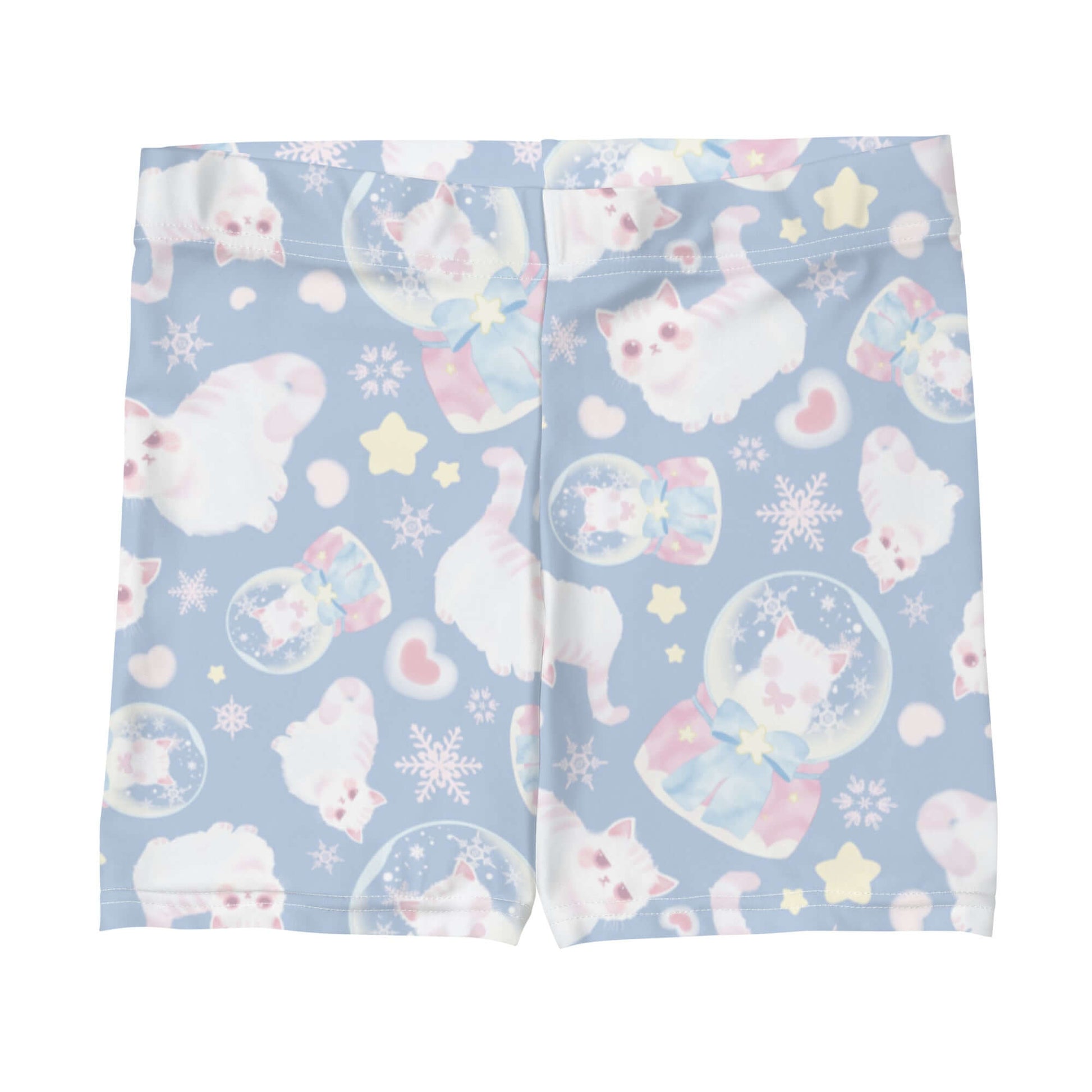 Snow Kitten Shorts featuring cute fluffy kittens, perfect for workouts or lounging in style and comfort.