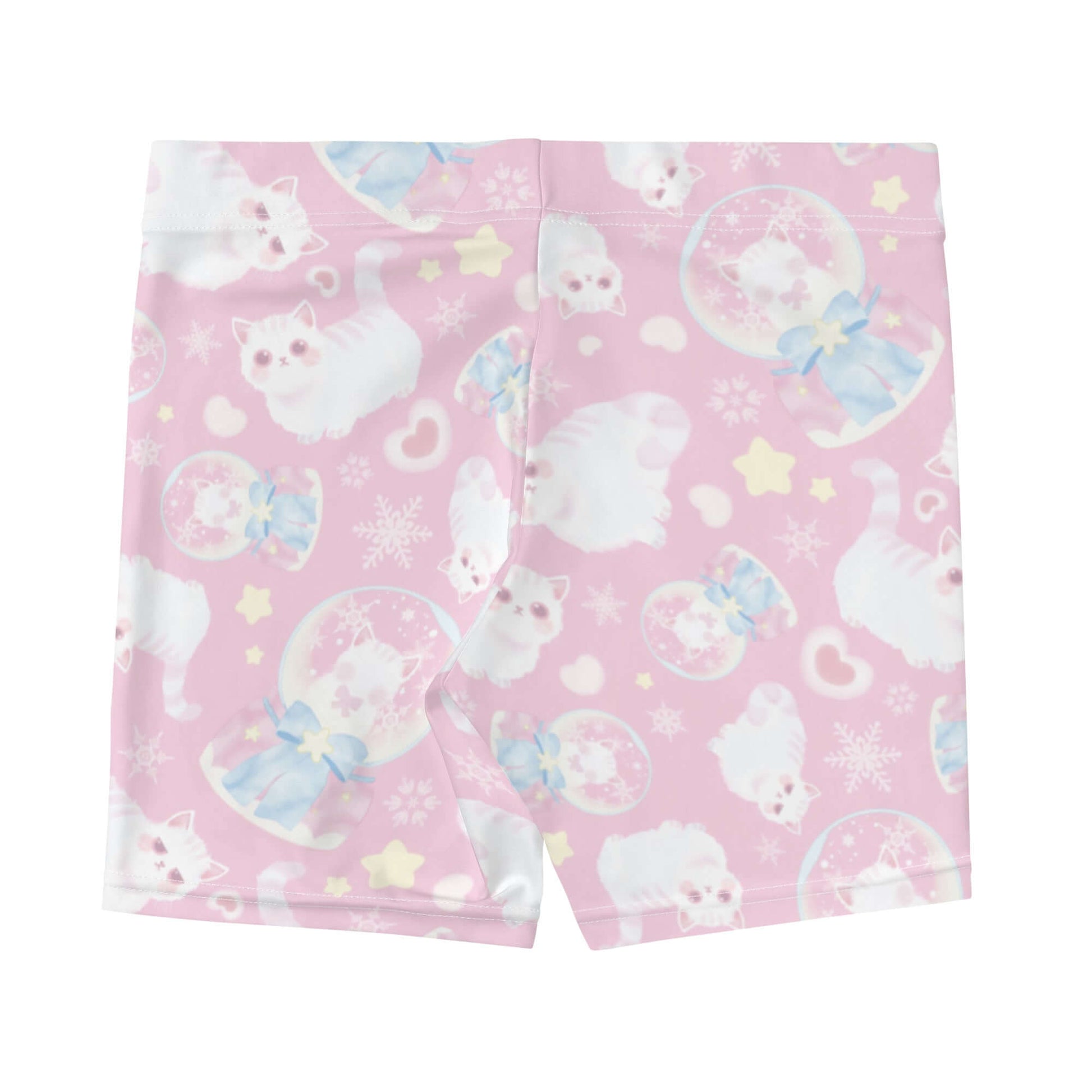 Snow Kitten Shorts feature a playful kitten print, perfect for workouts or lounging in style and comfort.