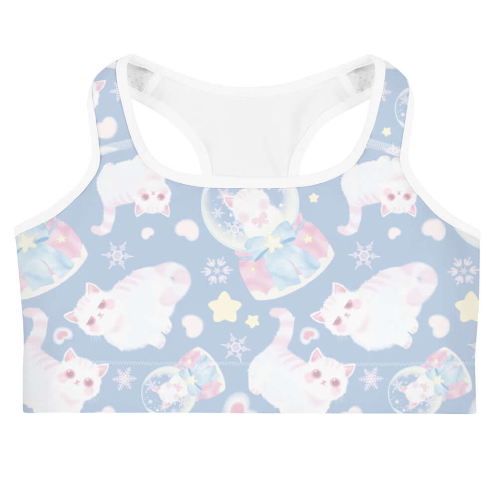 Snow Kitten Sports bra features a playful kitten design, perfect for adding charm to your activewear collection.
