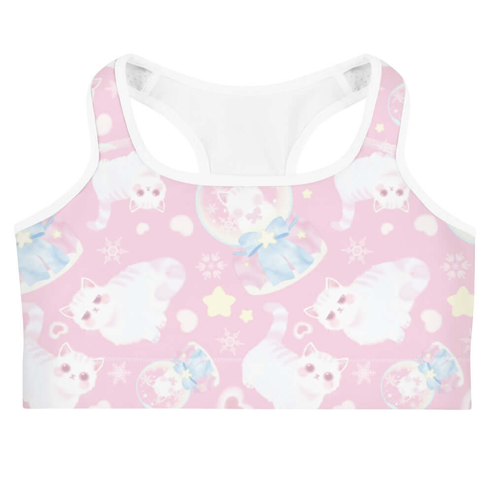 Playful Snow Kitten Sports bra in pink, featuring cute kittens, perfect for stylish workouts and moisture-wicking comfort.