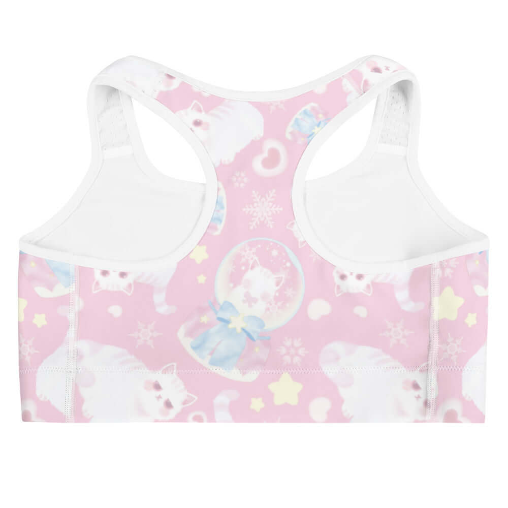 Snow Kitten Sports bra features a cute design perfect for stylish workouts while providing moisture-wicking support.