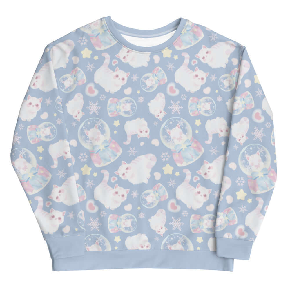Cute Snow Kitten Sweatshirt featuring playful kittens on a pastel background, perfect for cozy outfits and warm fuzzies.