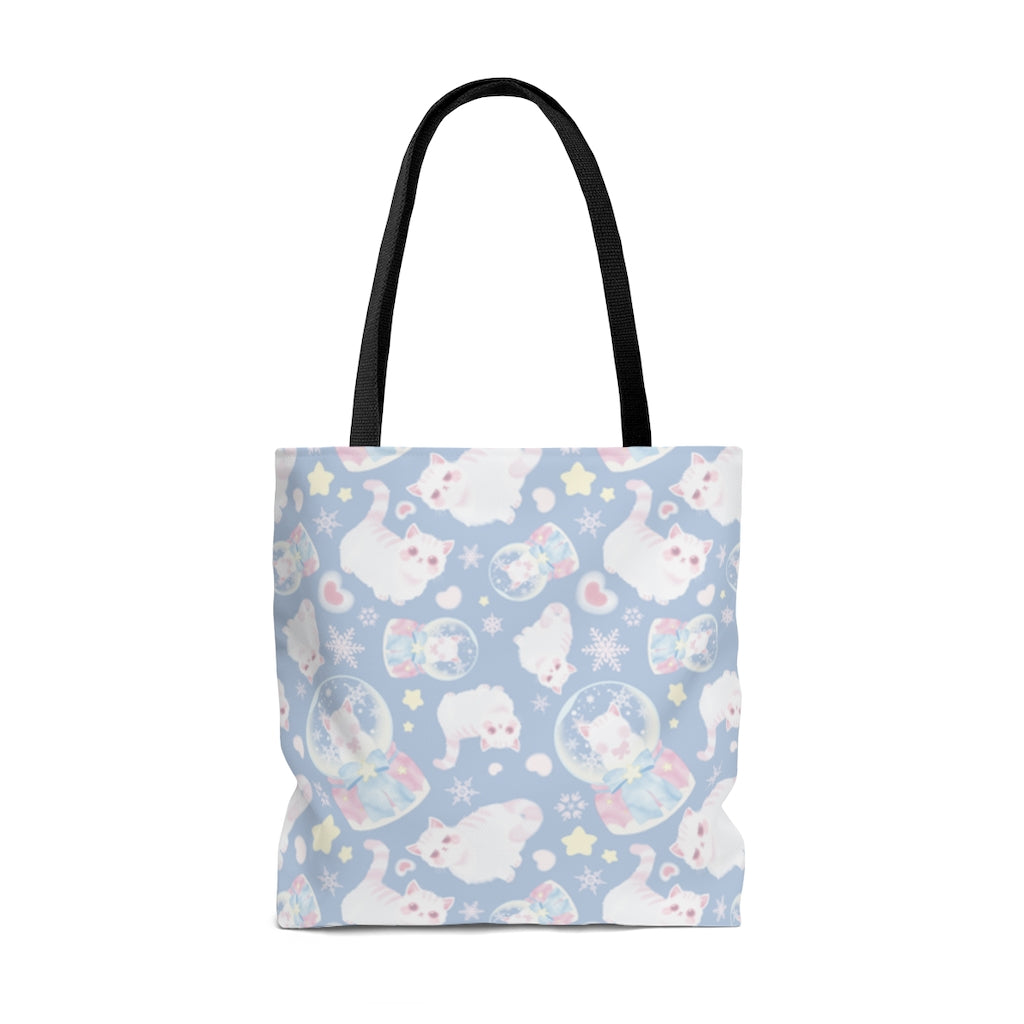 Stylish Snow Kitten Tote Bag (Blue) featuring an all-over print, perfect for beach outings or city adventures.