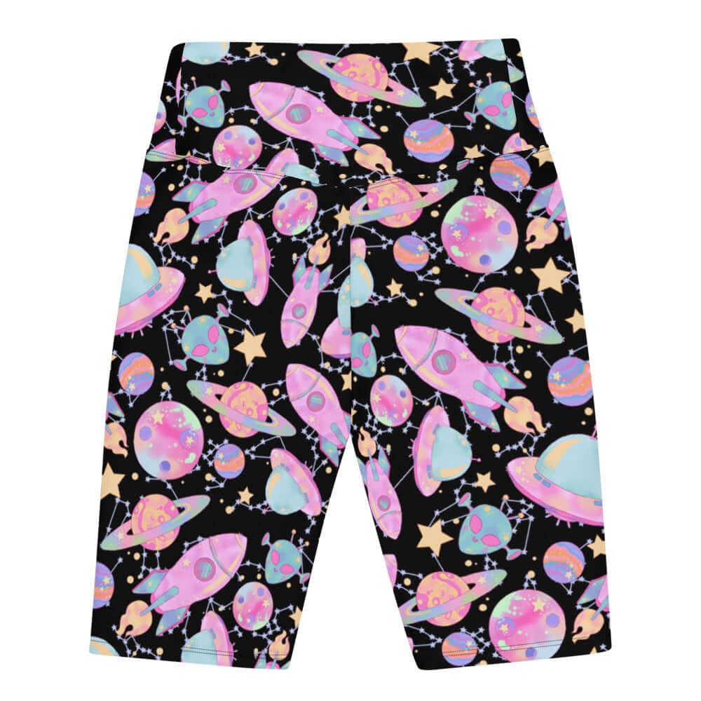 Colorful Space Biker Shorts featuring planets and rockets, perfect for a stylish and comfortable look from your favorite store.