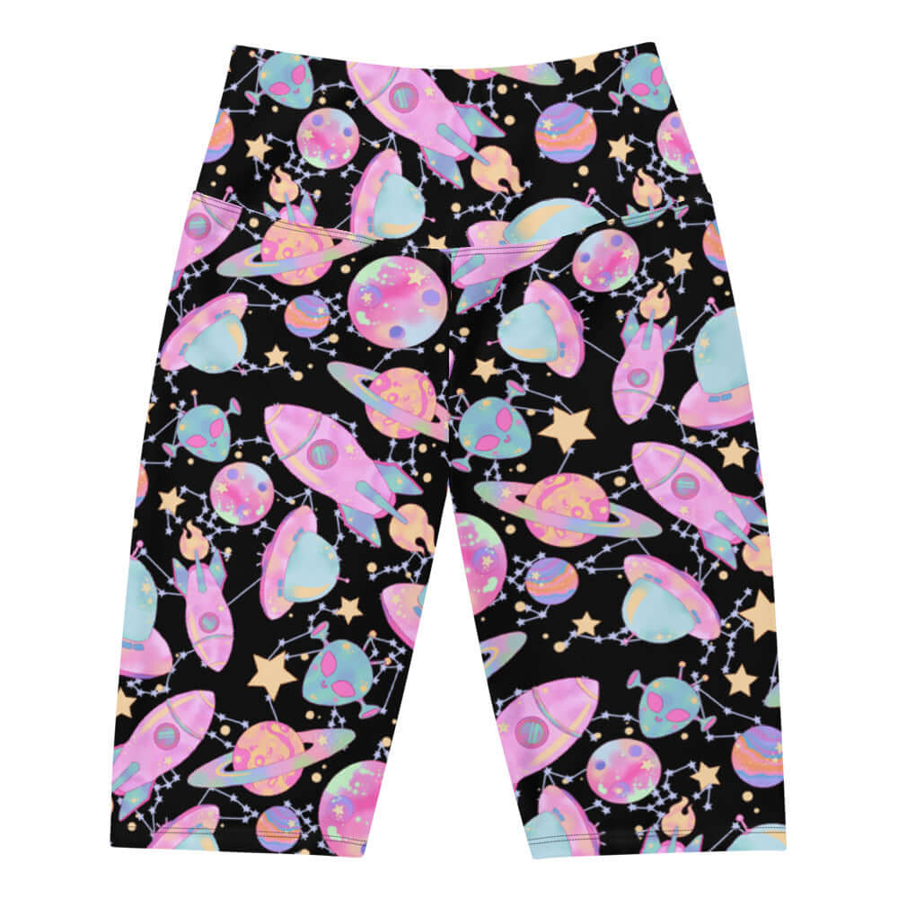 Colorful Space Biker Shorts featuring rockets and planets, perfect for matching with a crop top or sports bra.