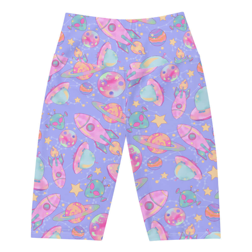High-waisted Space Biker Shorts featuring a vibrant galaxy print, perfect for stylish comfort and active wear.
