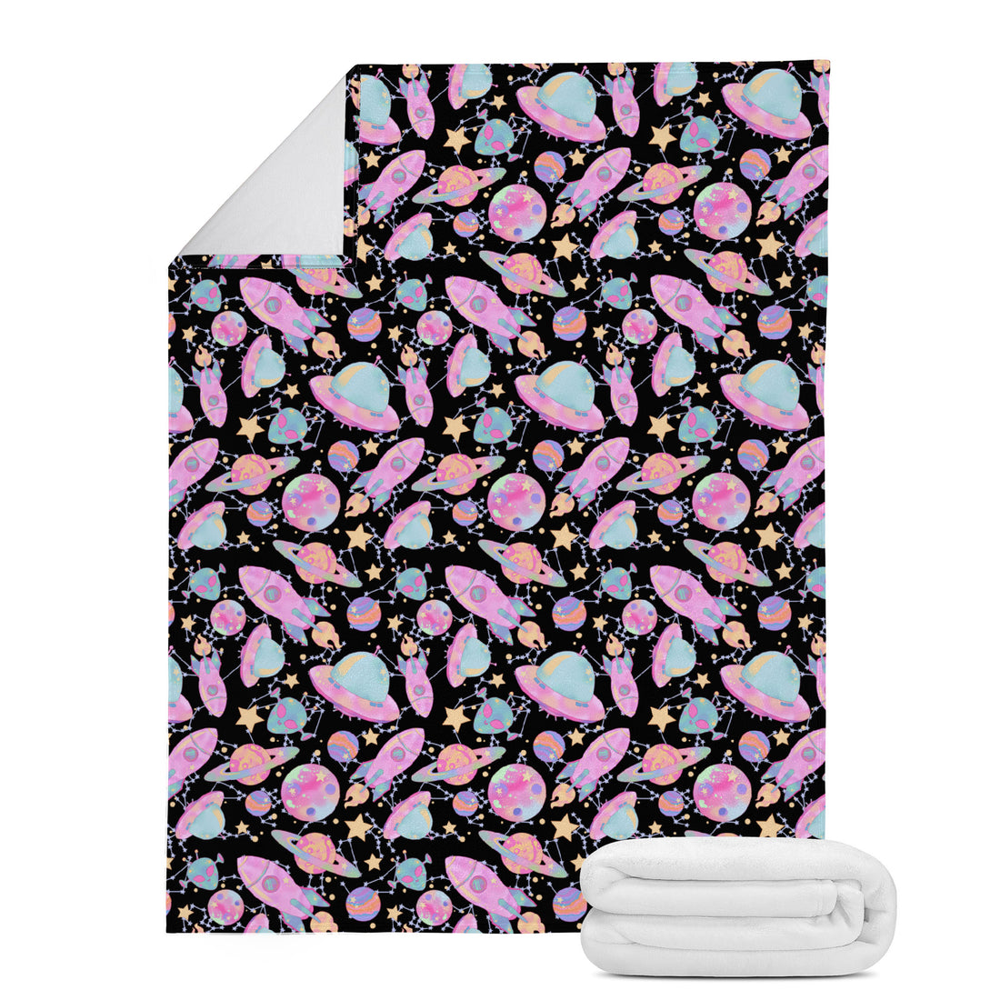 Cozy up with the Space Blanket (Black), featuring vibrant space-themed prints and ultra-soft micro fleece lining.