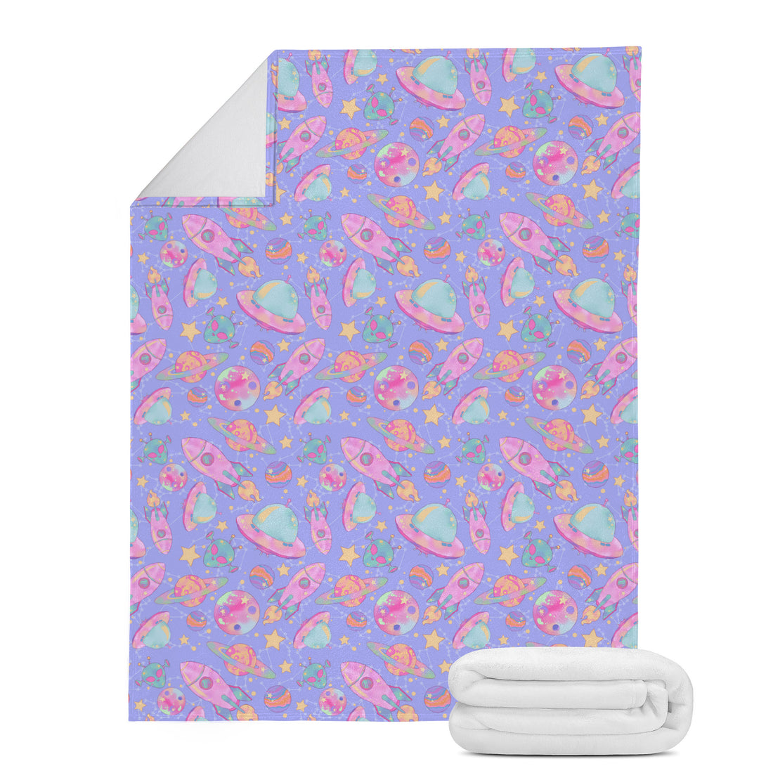 Cozy Space Blanket (Purple) features vibrant space designs, measuring 80 x 60 inches, perfect for warmth and style.