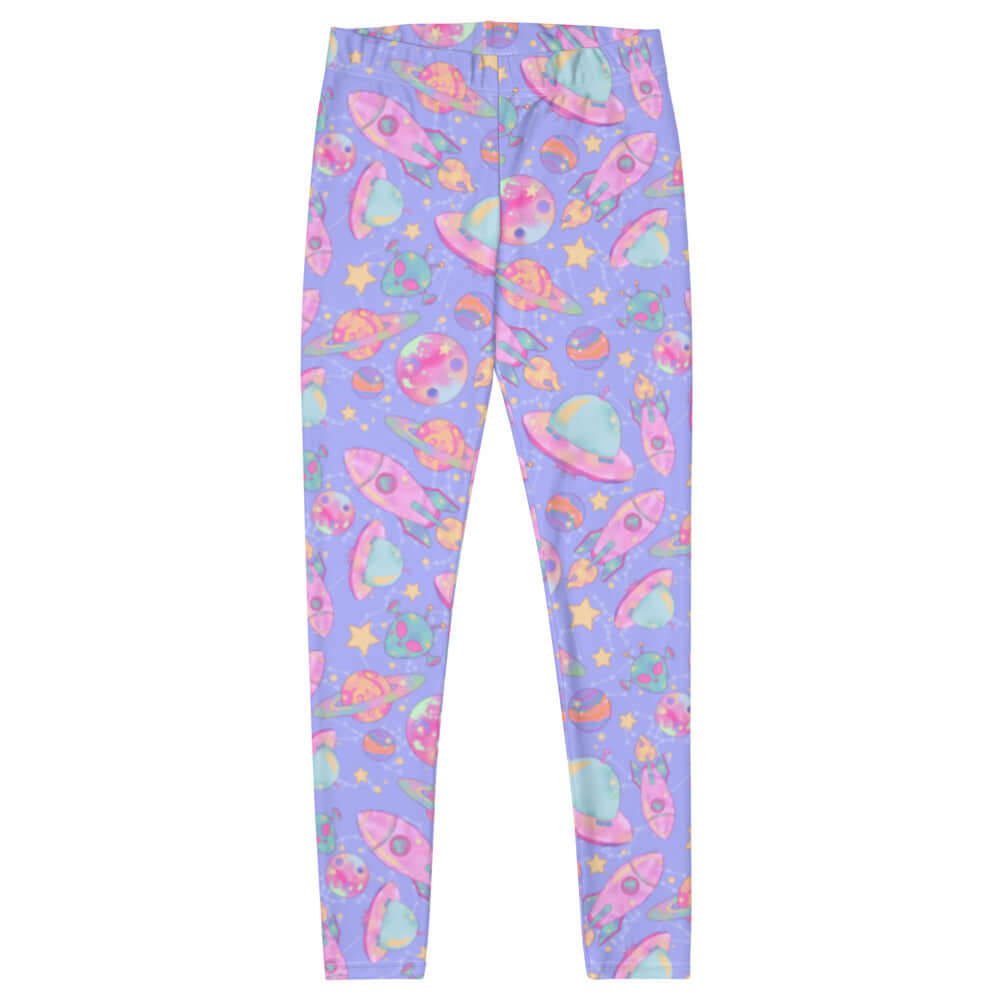 Colorful Space Leggings featuring a fun design of planets and rockets, perfect for gym and casual wear.