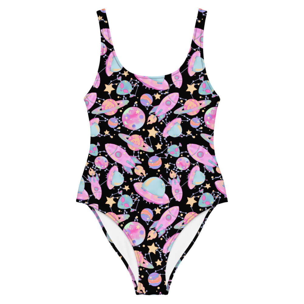 Bright and playful Space One-Piece Swimsuit featuring vibrant planets and rockets, perfect for fun at the pool or beach.