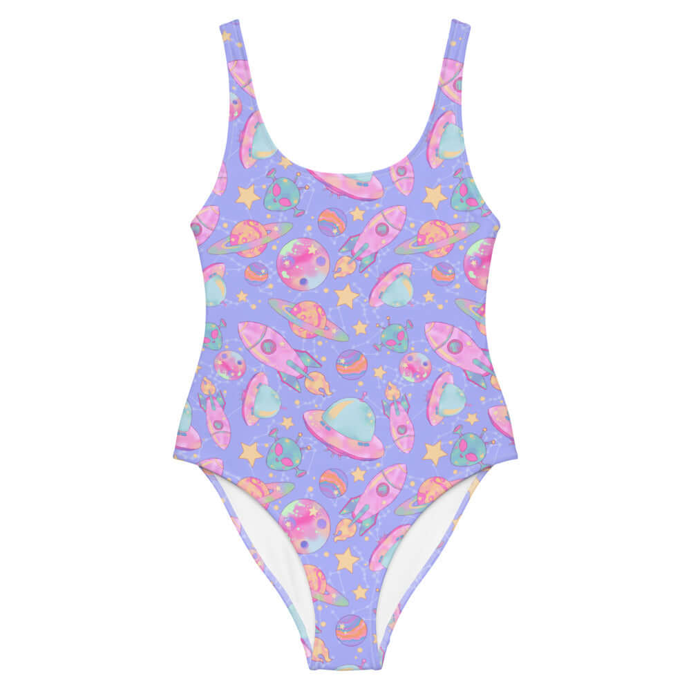 Colorful Space One-Piece Swimsuit featuring playful planets and rockets, perfect for beach or pool days.