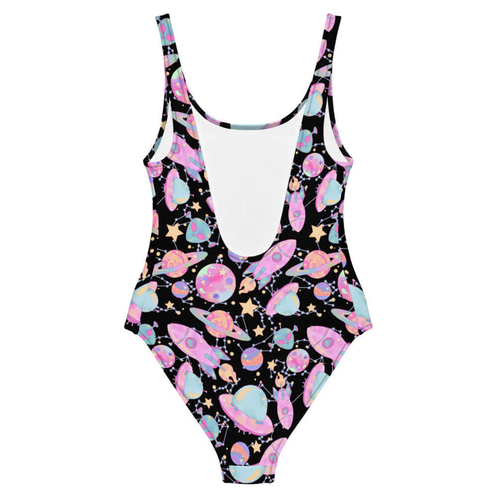 Bright and playful Space One-Piece Swimsuit featuring vibrant celestial designs, perfect for beach or pool days.