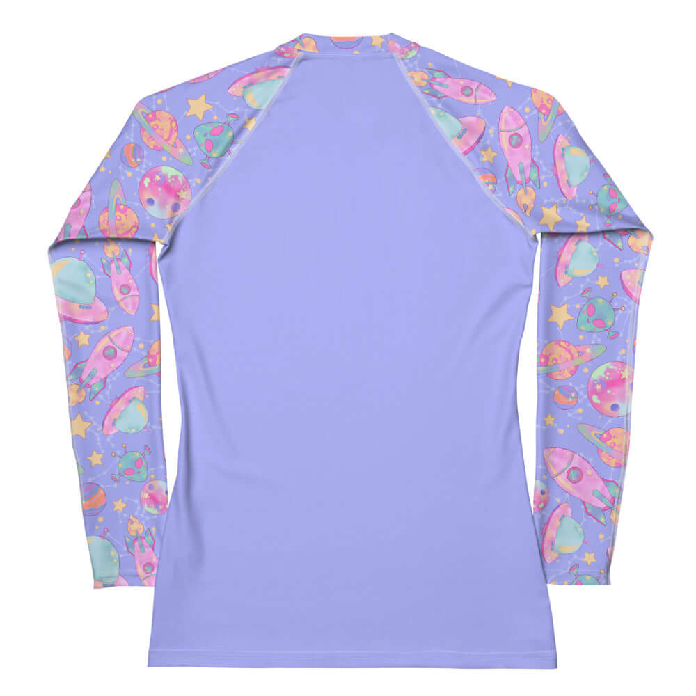 Long-sleeve Space Rash Guard featuring vibrant space-themed designs for ultimate comfort during active sports.
