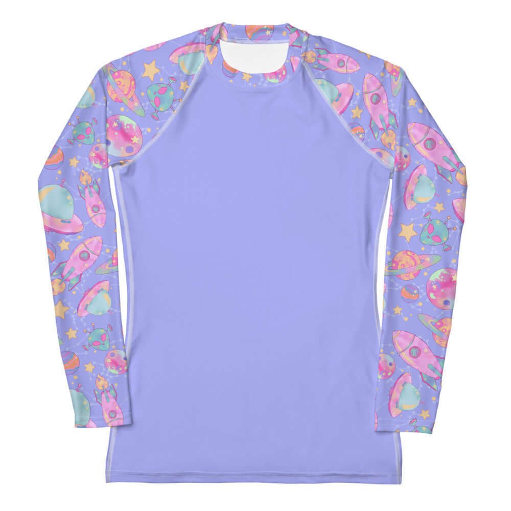 Stylish Space Rash Guard featuring vibrant space-themed design, perfect for active outdoor sports and sun protection.