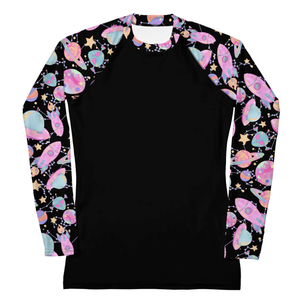 Stylish Space Rash Guard featuring a vibrant space design, perfect for sun protection during active sports.