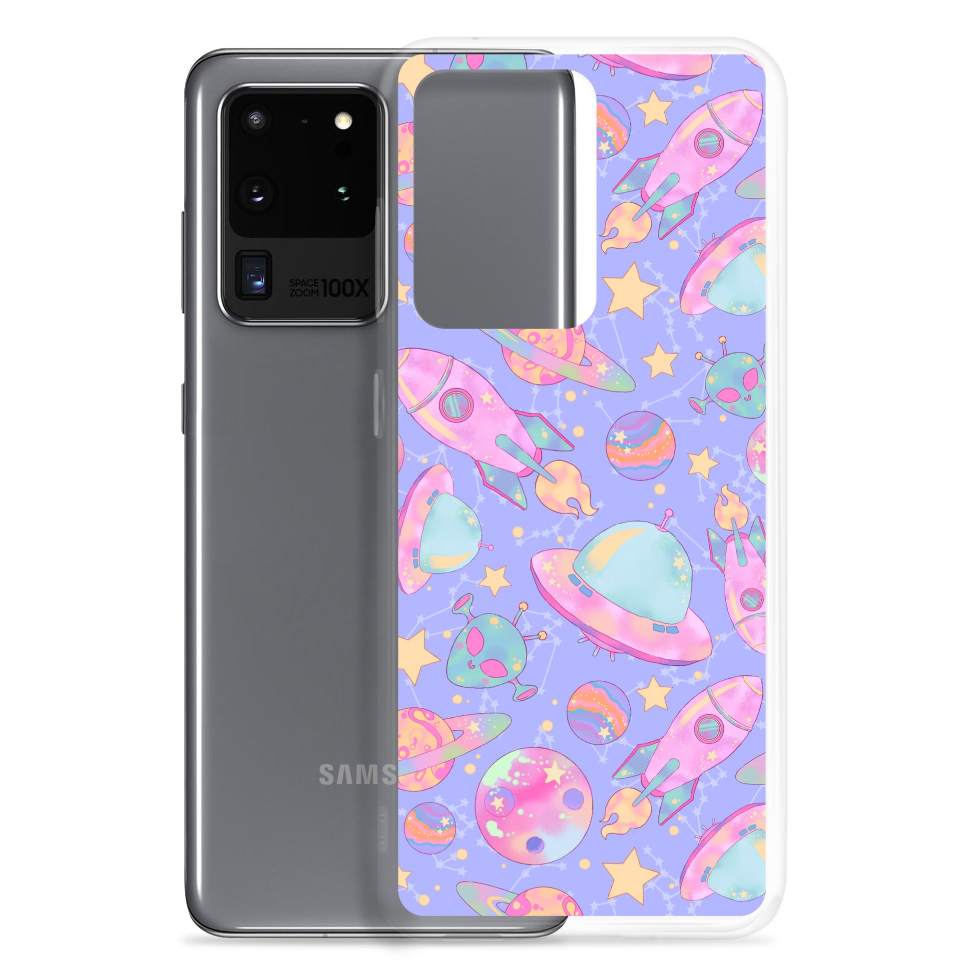 Protect your device in style with the Space Samsung® Clear Case featuring a vibrant space print design.