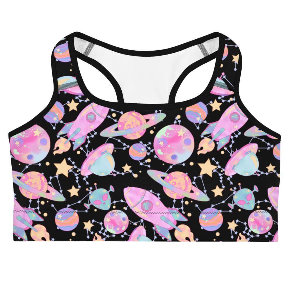Elevate your workouts with the Space Sports bra, featuring a fun cosmic design and reliable support for all activities.