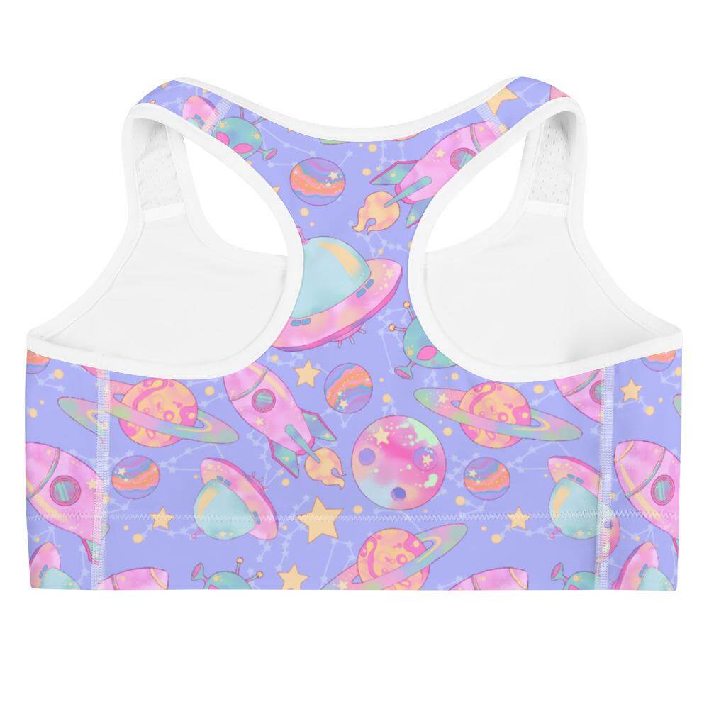 Colorful Space Sports bra featuring planets and rockets, combining style and support for your workouts. Perfect for star athletes!