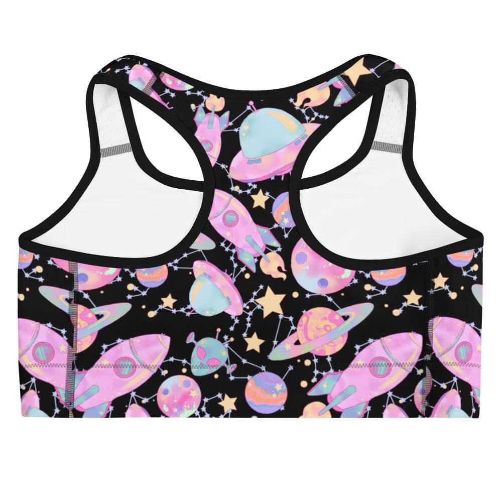 Stylish Space Sports bra features a fun cosmic design, perfect for workouts while feeling like a star!