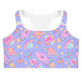 Colorful Space Sports bra featuring planets and rockets, perfect for a stylish workout. Feel like a star in style!