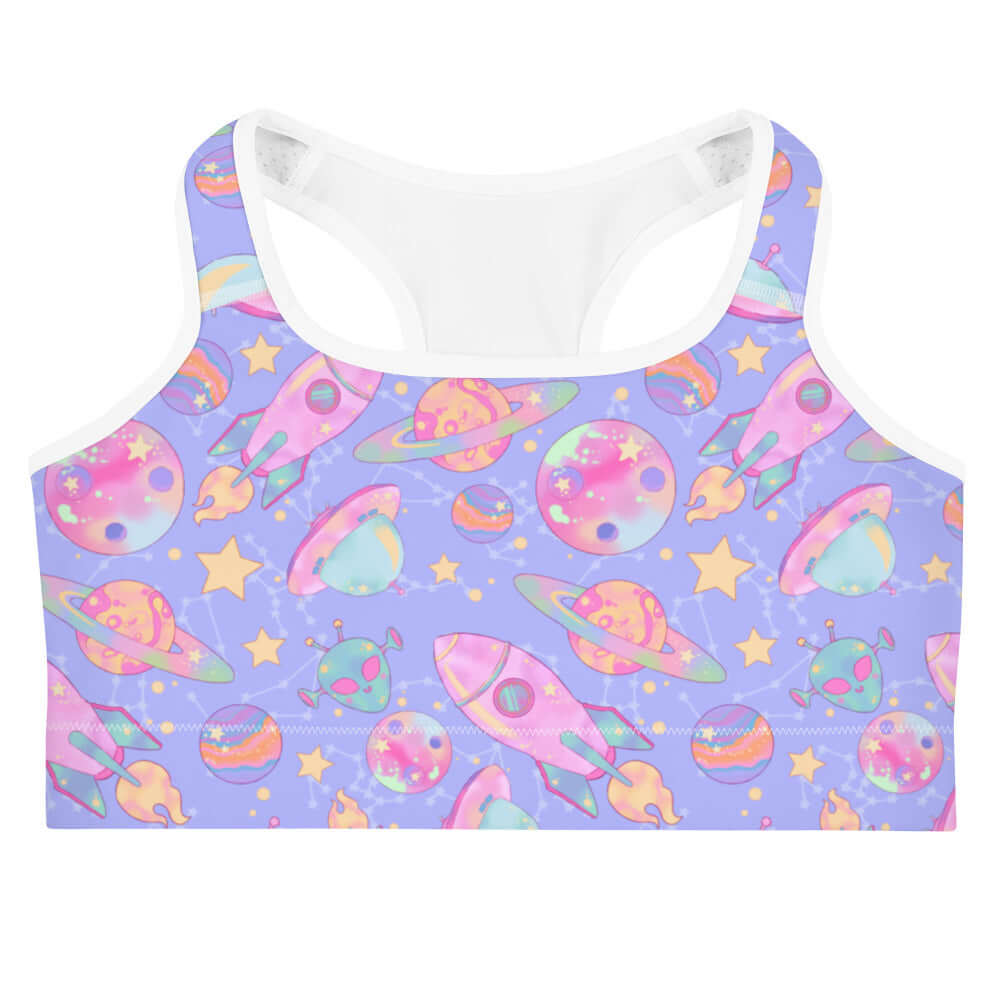 Colorful Space Sports bra featuring planets and rockets, perfect for a stylish workout. Feel like a star in style!