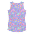 Colorful Space Tank Top featuring rockets and planets, perfect for a stylish workout. Order one size down for a snug fit!